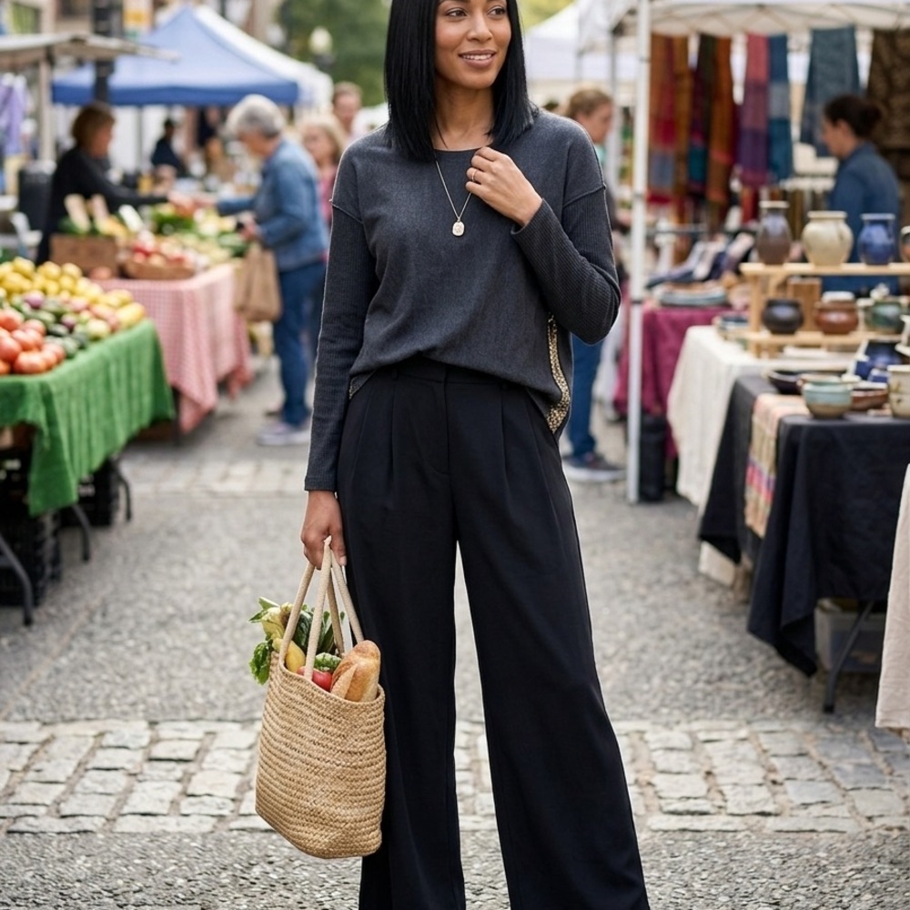 Eileen Fisher 100% Merino WoolClassic Black Women’s Top with sequins sides